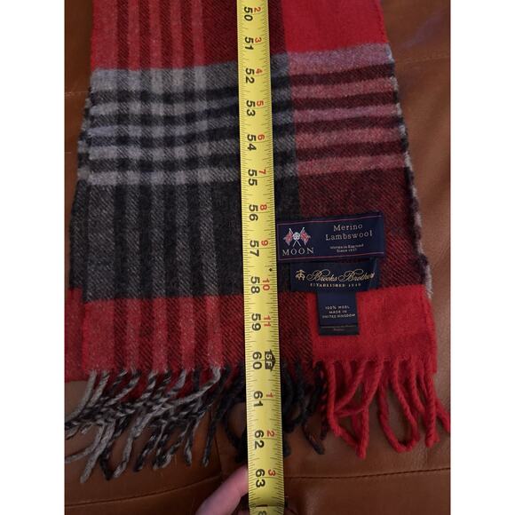 Brooks Brothers Tartan Merino Wool Red Grey Scarf Moon - Picture 4 of 5
